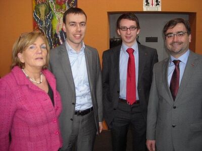 Inge Bellan-Payrault, Landesvorsitzender Nils Schmid, Kreisvorsitzender Jonas Weber und Bernd Schlögl 